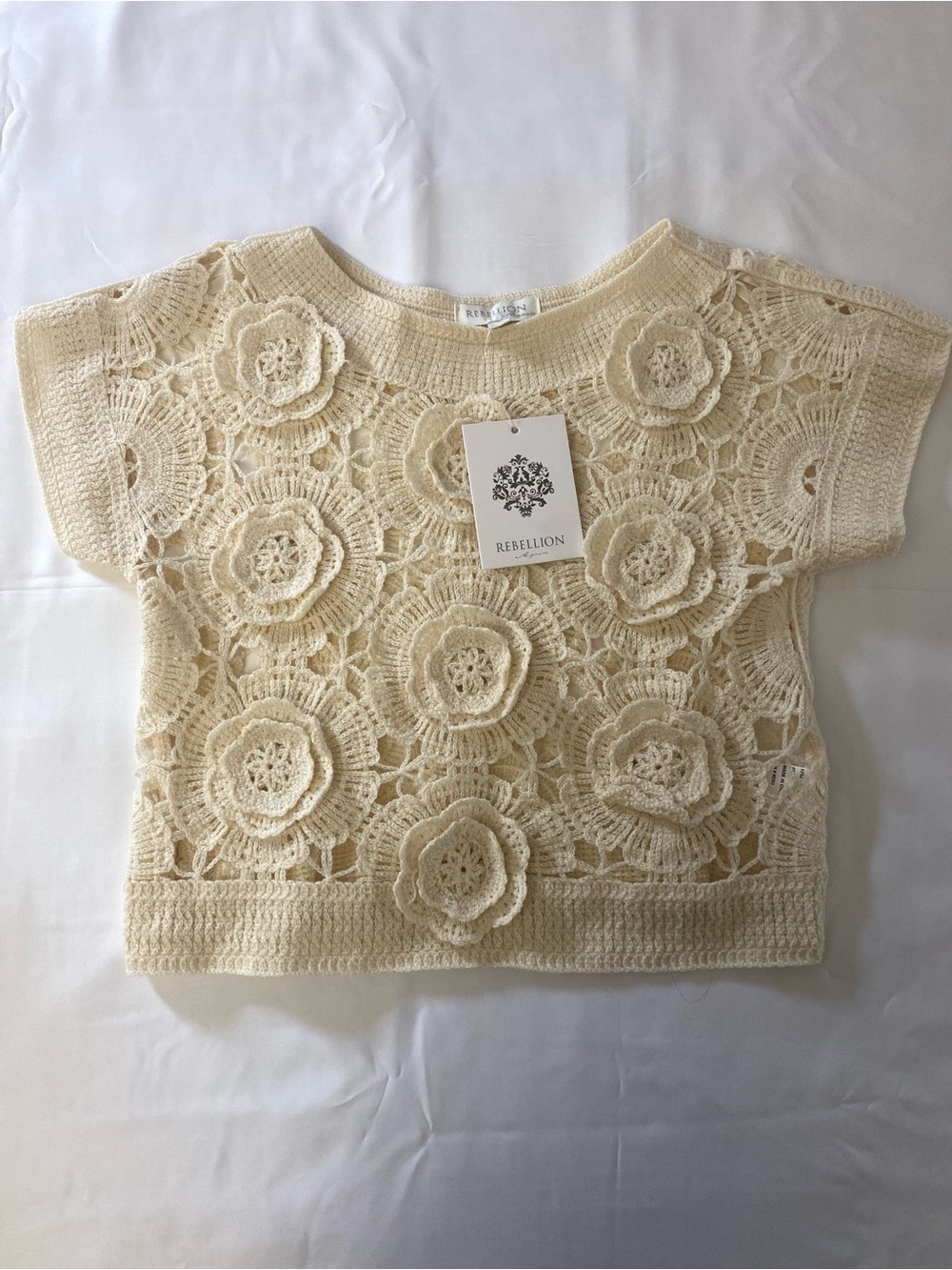 Rebellion Cream Crochet Floral Short Sleeve Knit Top